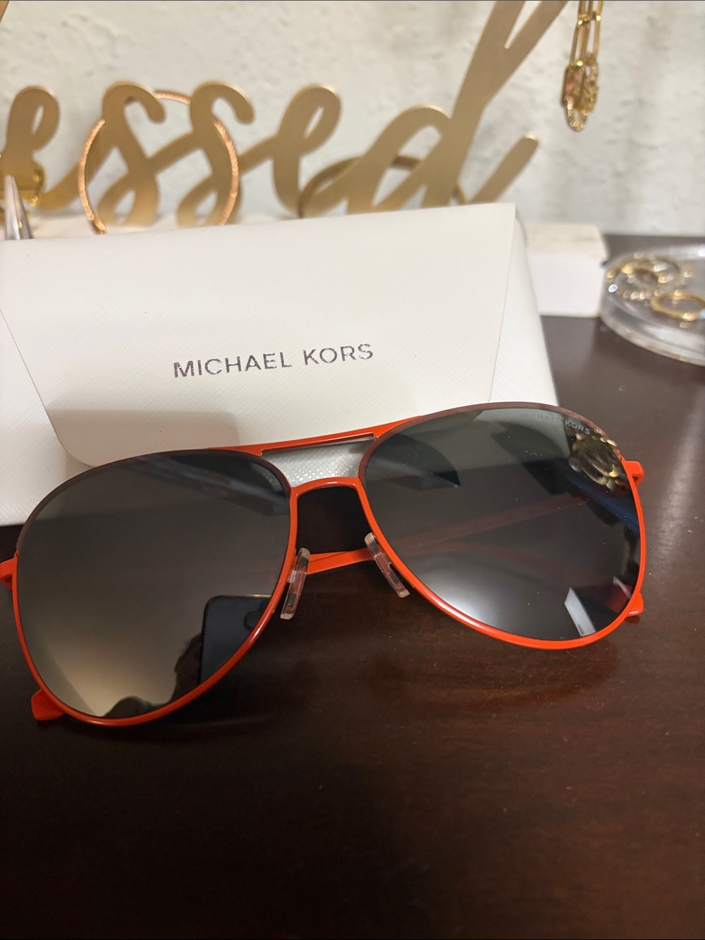 Michael Kors  women Red Metal Aviator Sunglasses with Dark Smoke Lenses nwt